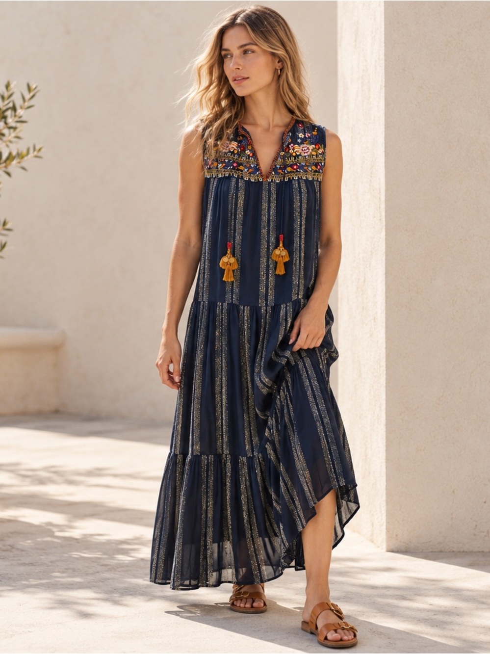 Anthropologie Verb Pallavi Singhee  Embroidered Shimmer Robe Maxi Dress Size S